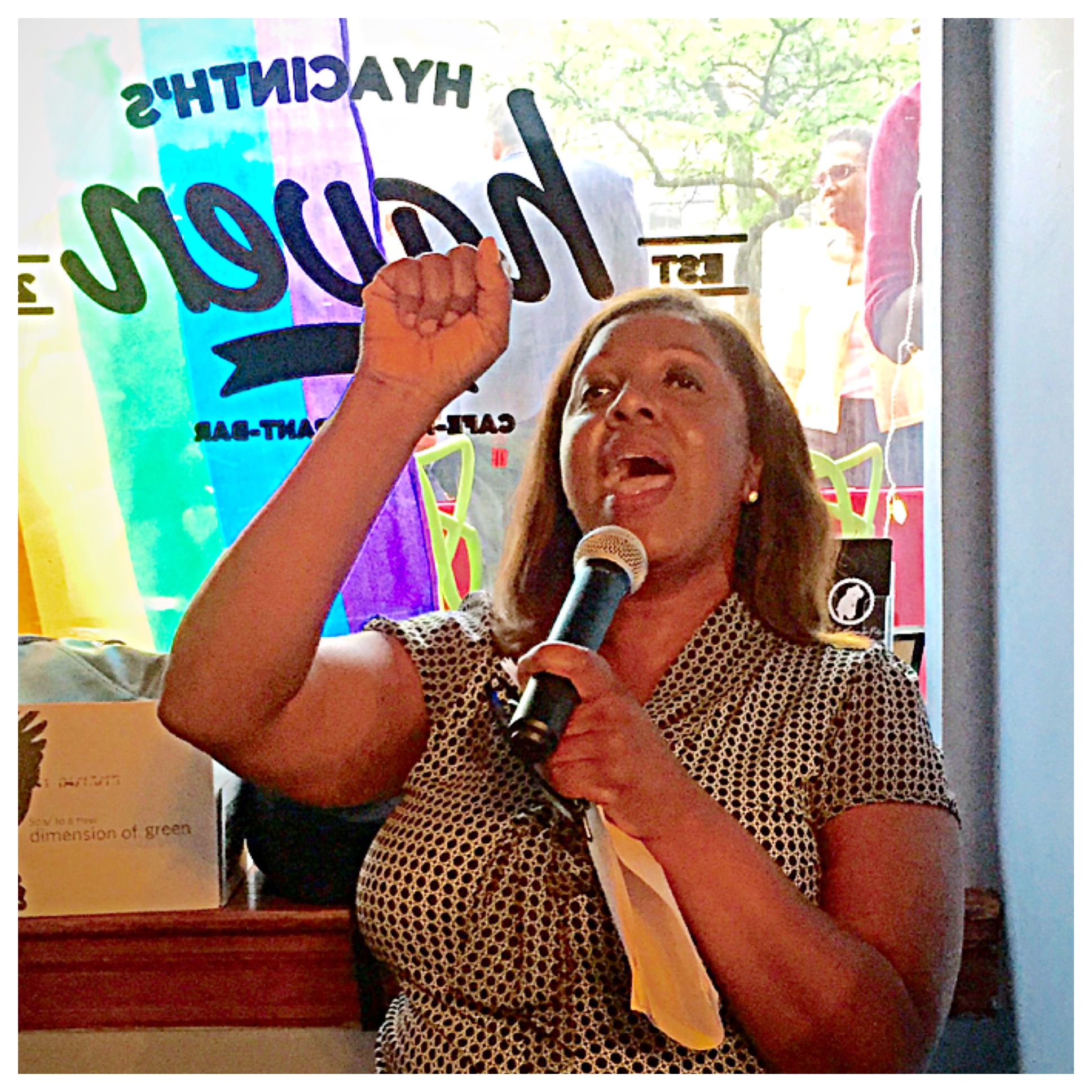 Public Advocate, Letitia James, rouses the crowd in Harlem for Pride. 