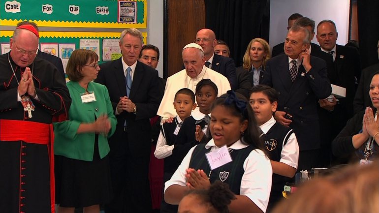 Pope Francis visits Our Lady Queen of Angels elemntary school in Harlem, NY on September 25, 2015.