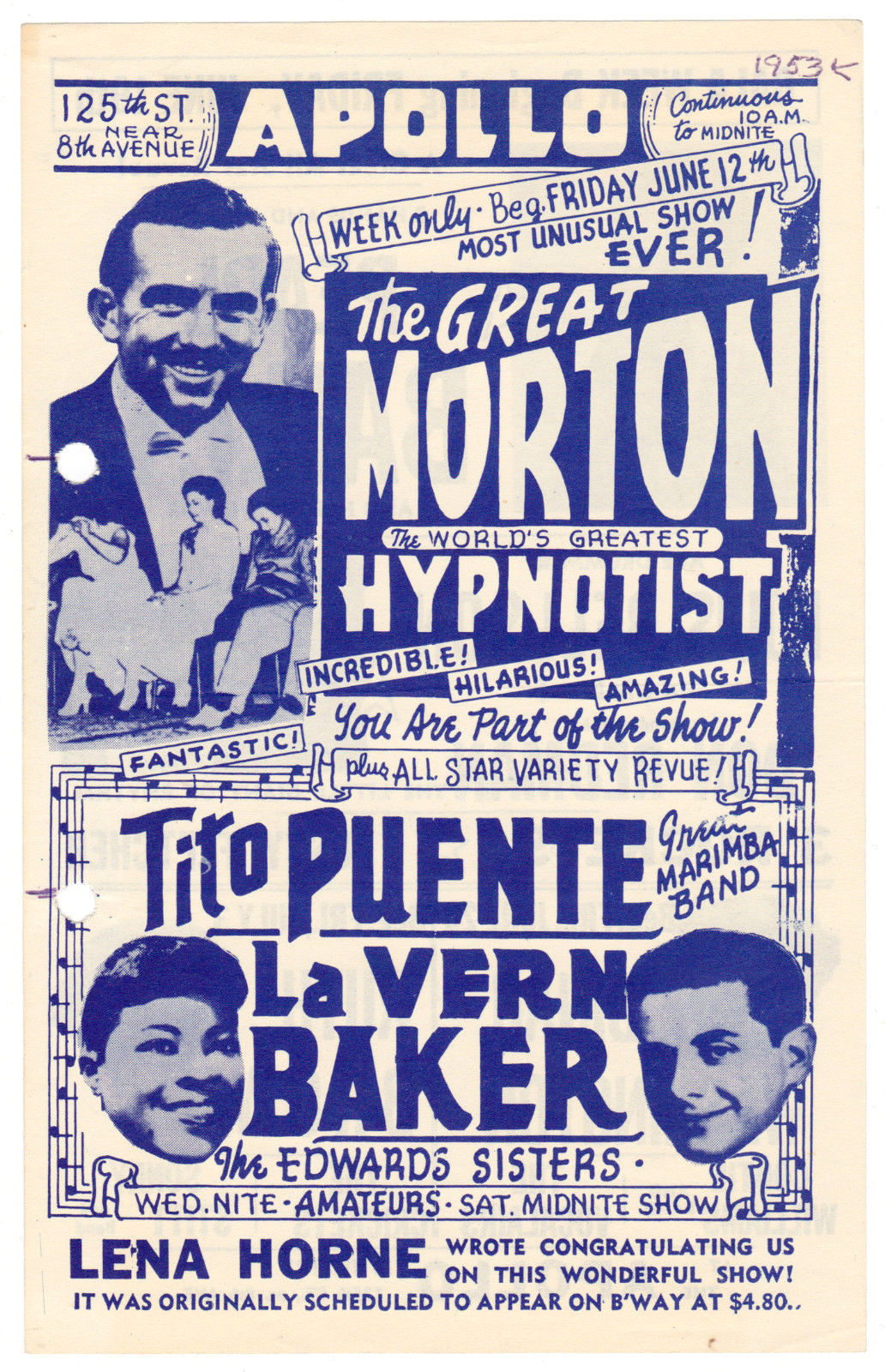 Apollo Theatre Handbill, Harlem 1953