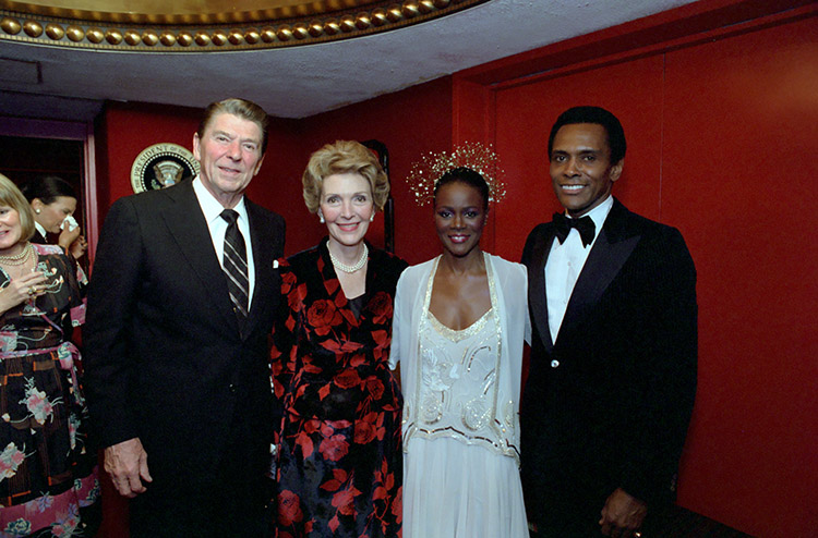 2/10/81 President Reagan and Nancy Reagan posing with Cicely Tyson at a performance by Harlem Dance Theatre at Kennedy Center